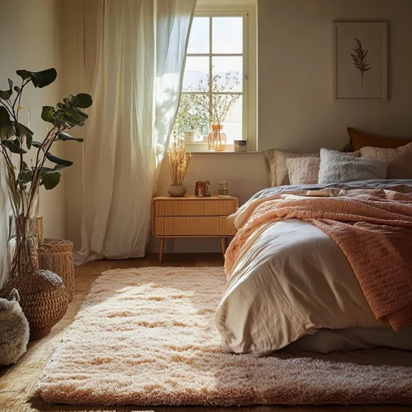Bedroom with a soft cream shaggy rug