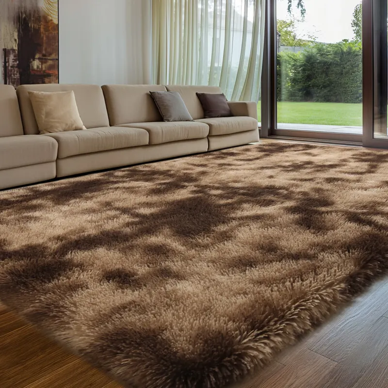 Brown textured shaggy rug in front of a beige sofa