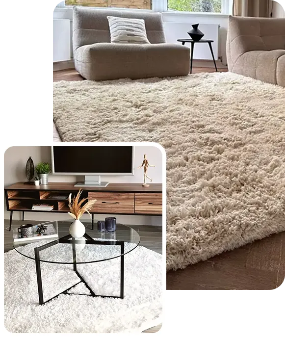Cream and white plush shaggy rugs in modern living rooms.