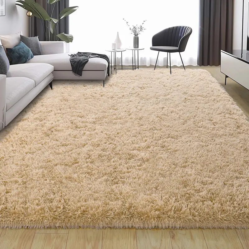 Cream-colored shaggy area rug in a modern home