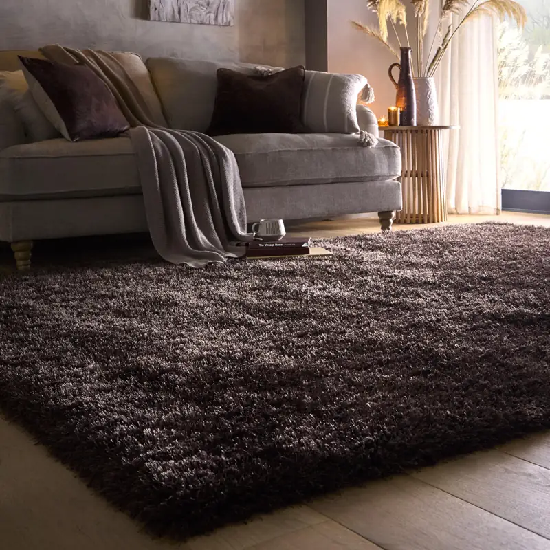 Dark shaggy rug in a cozy living room