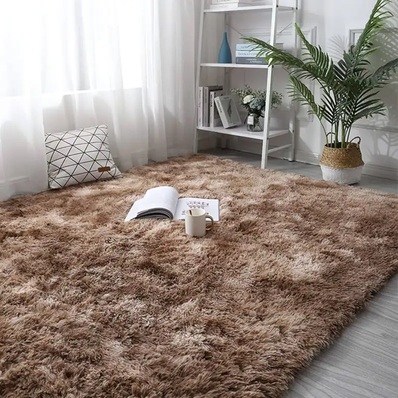Fluffy brown shaggy rug on a light floor in a bright room.