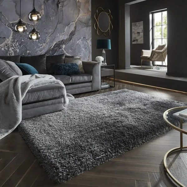 Modern living room with a grey shaggy rug.