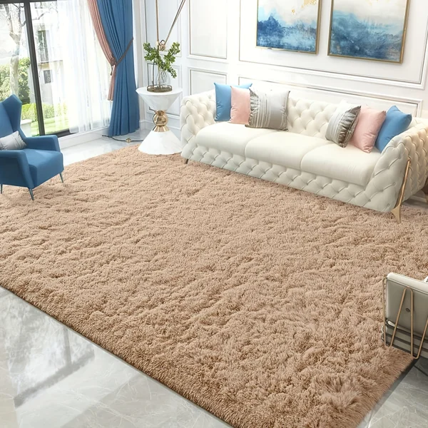 Light brown high-pile shaggy rug in a living room