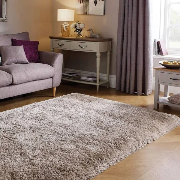 Fluffy beige rug in a cozy living room