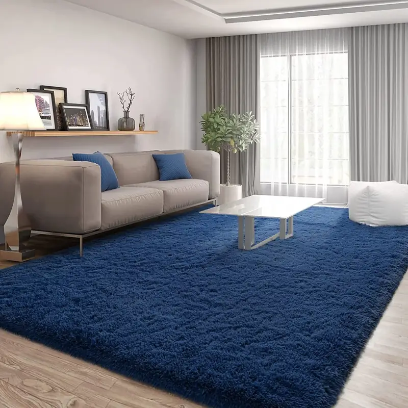 Vibrant blue shaggy rug in a living room